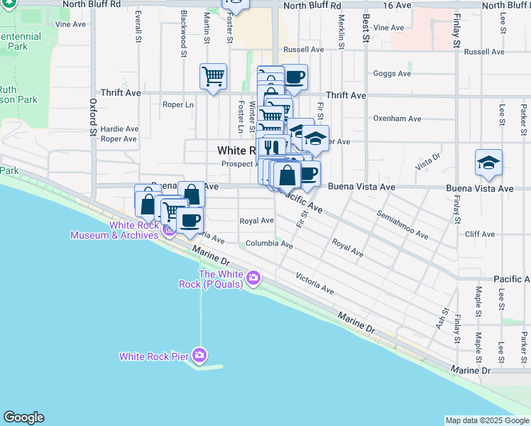 map of restaurants, bars, coffee shops, grocery stores, and more near 15173 Royal Avenue in White Rock