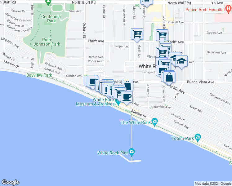 map of restaurants, bars, coffee shops, grocery stores, and more near 14955 Victoria Avenue in White Rock