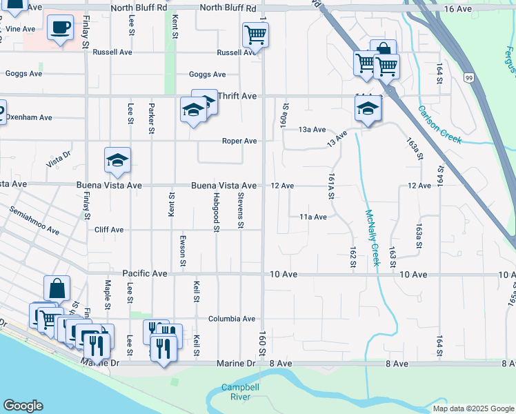 map of restaurants, bars, coffee shops, grocery stores, and more near 1153 Stayte Road in White Rock
