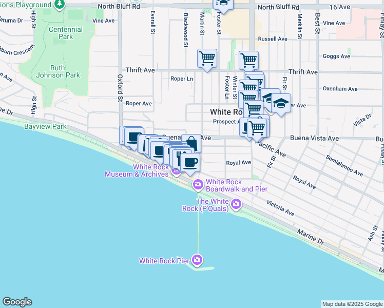 map of restaurants, bars, coffee shops, grocery stores, and more near in White Rock