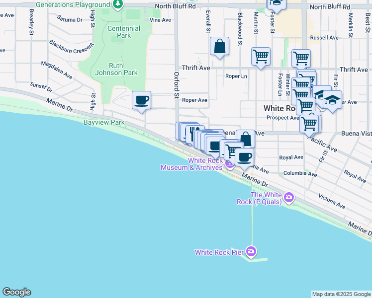 map of restaurants, bars, coffee shops, grocery stores, and more near Marine Drive in White Rock