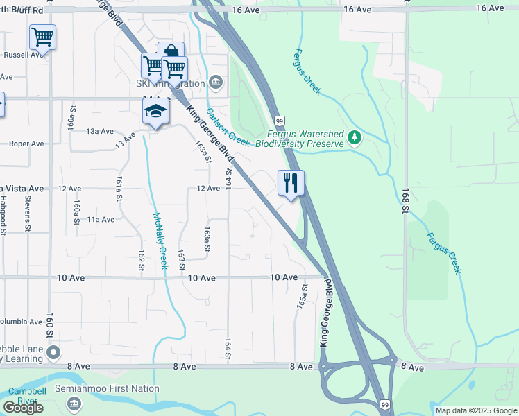 map of restaurants, bars, coffee shops, grocery stores, and more near 1163 King George Boulevard in Surrey