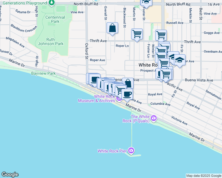 map of restaurants, bars, coffee shops, grocery stores, and more near 1157 Vidal Street in White Rock