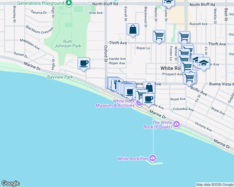 map of restaurants, bars, coffee shops, grocery stores, and more near 1115 Elm Street in White Rock