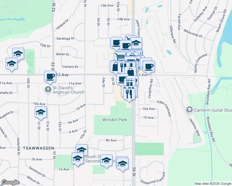 map of restaurants, bars, coffee shops, grocery stores, and more near 1118 55 Street in Delta