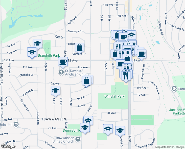 map of restaurants, bars, coffee shops, grocery stores, and more near 1110 53A Street in Delta