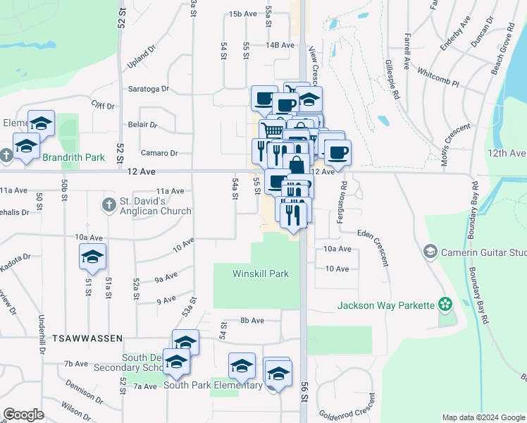 map of restaurants, bars, coffee shops, grocery stores, and more near 1118 55 Street in Delta