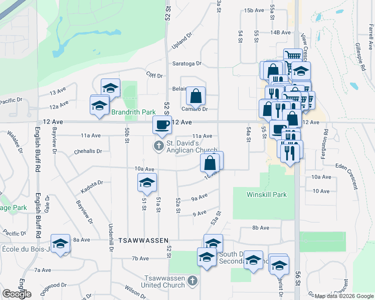 map of restaurants, bars, coffee shops, grocery stores, and more near 5255 11 Avenue in Delta