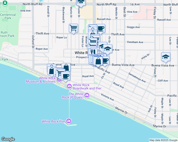 map of restaurants, bars, coffee shops, grocery stores, and more near 15154 Beachview Avenue in White Rock