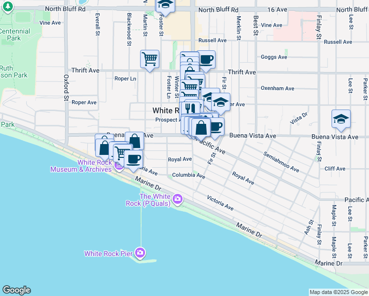 map of restaurants, bars, coffee shops, grocery stores, and more near 15170 Beachview Avenue in White Rock