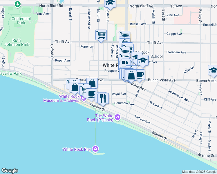 map of restaurants, bars, coffee shops, grocery stores, and more near 15086 Beachview Avenue in White Rock