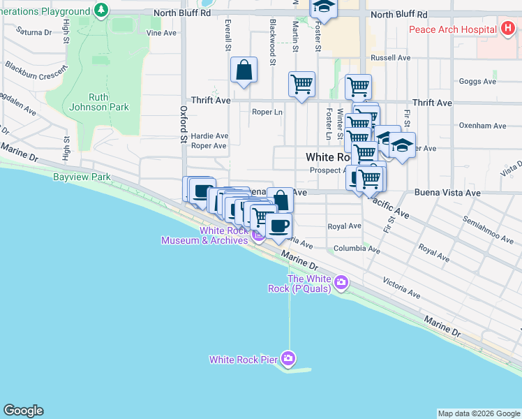 map of restaurants, bars, coffee shops, grocery stores, and more near 14976 Beachview Avenue in White Rock