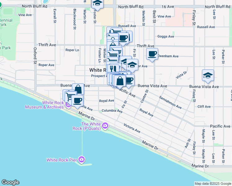 map of restaurants, bars, coffee shops, grocery stores, and more near 15210 Pacific Avenue in White Rock