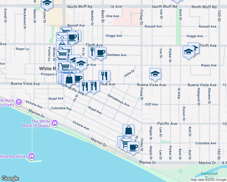 map of restaurants, bars, coffee shops, grocery stores, and more near 1170 Dolphin Street in White Rock
