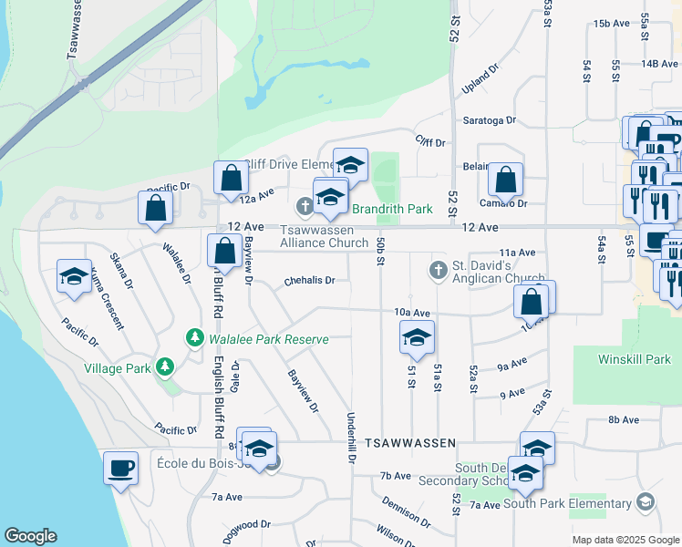 map of restaurants, bars, coffee shops, grocery stores, and more near 5015 Chehalis Drive in Delta