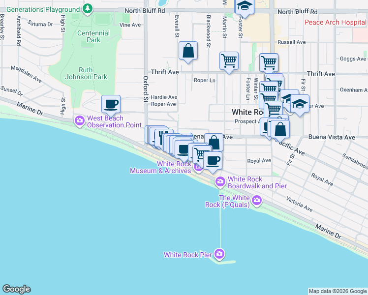 map of restaurants, bars, coffee shops, grocery stores, and more near 1155 Vidal Street in White Rock