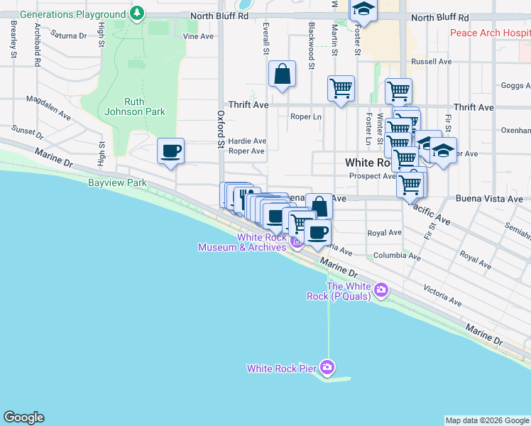 map of restaurants, bars, coffee shops, grocery stores, and more near 1169 Vidal Street in White Rock
