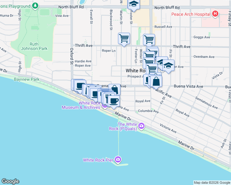 map of restaurants, bars, coffee shops, grocery stores, and more near 15015 Victoria Avenue in White Rock