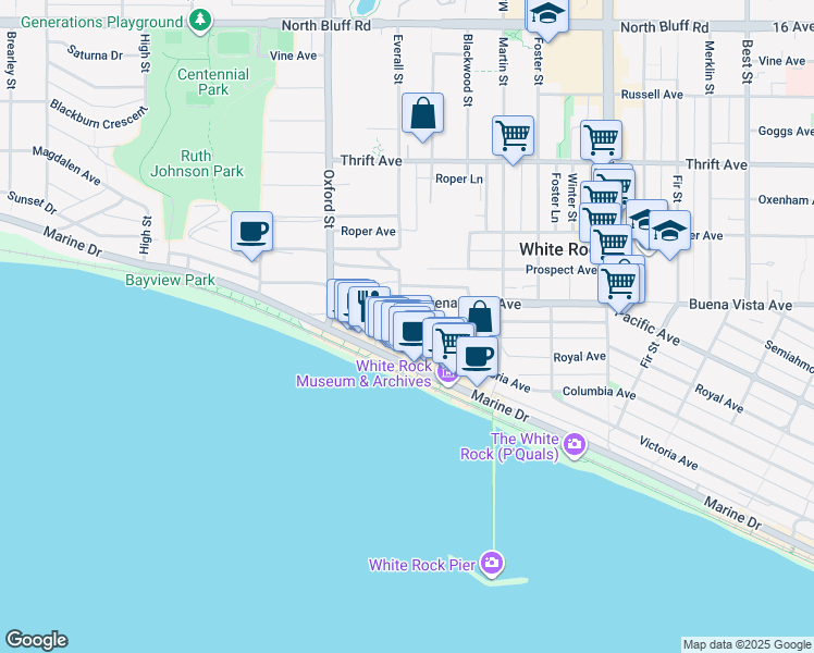 map of restaurants, bars, coffee shops, grocery stores, and more near 1159 Vidal Street in White Rock