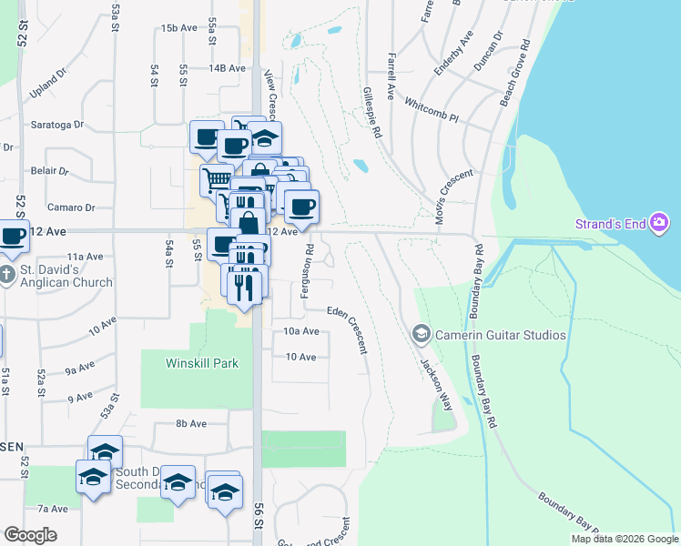 map of restaurants, bars, coffee shops, grocery stores, and more near 5745 Ferguson Court in Delta