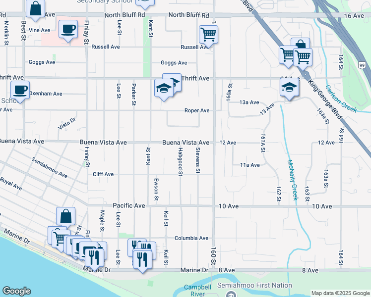 map of restaurants, bars, coffee shops, grocery stores, and more near 1196 Habgood Street in White Rock