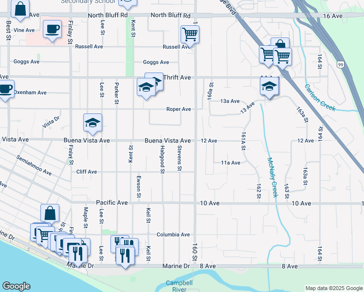 map of restaurants, bars, coffee shops, grocery stores, and more near in White Rock