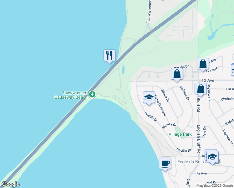 map of restaurants, bars, coffee shops, grocery stores, and more near 1120 Tsatsu Shores Drive in Delta