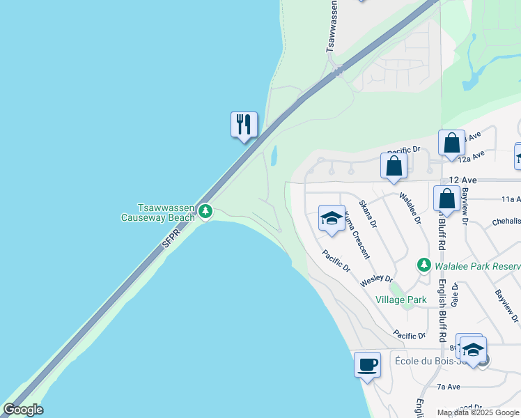 map of restaurants, bars, coffee shops, grocery stores, and more near 1120 Tsatsu Shores Drive in Delta
