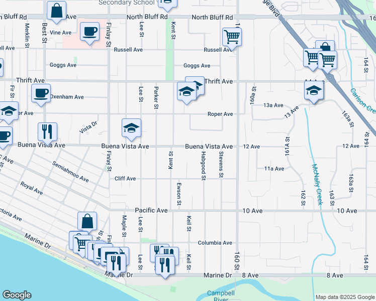map of restaurants, bars, coffee shops, grocery stores, and more near 15856 Buena Vista Avenue in White Rock