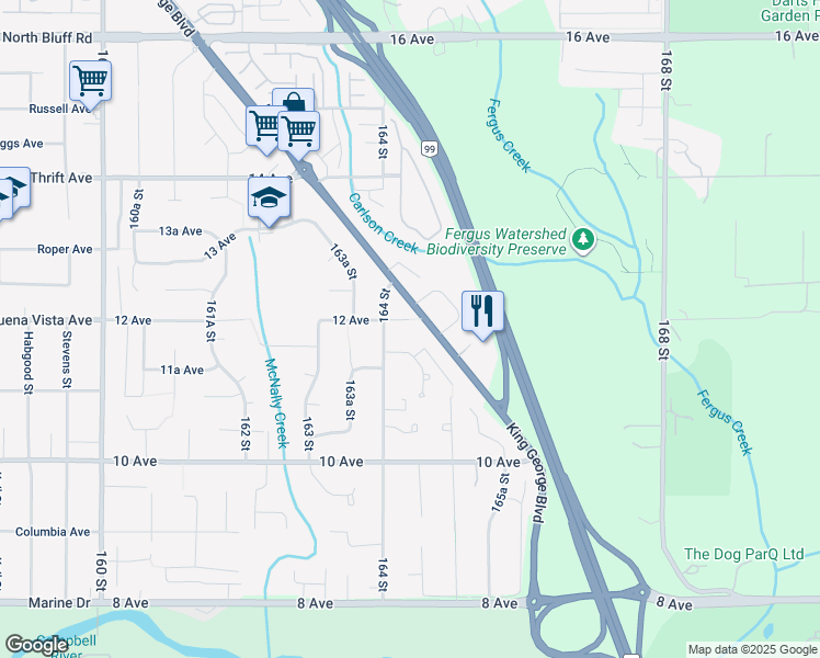 map of restaurants, bars, coffee shops, grocery stores, and more near 16428 12 Avenue in Surrey