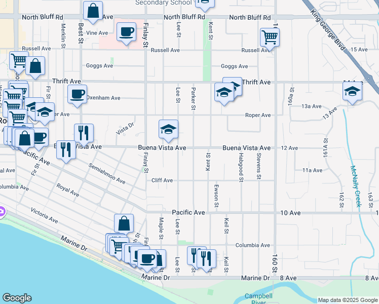 map of restaurants, bars, coffee shops, grocery stores, and more near 15736 Buena Vista Avenue in White Rock