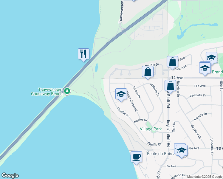 map of restaurants, bars, coffee shops, grocery stores, and more near 1110 Pacific Drive in Delta