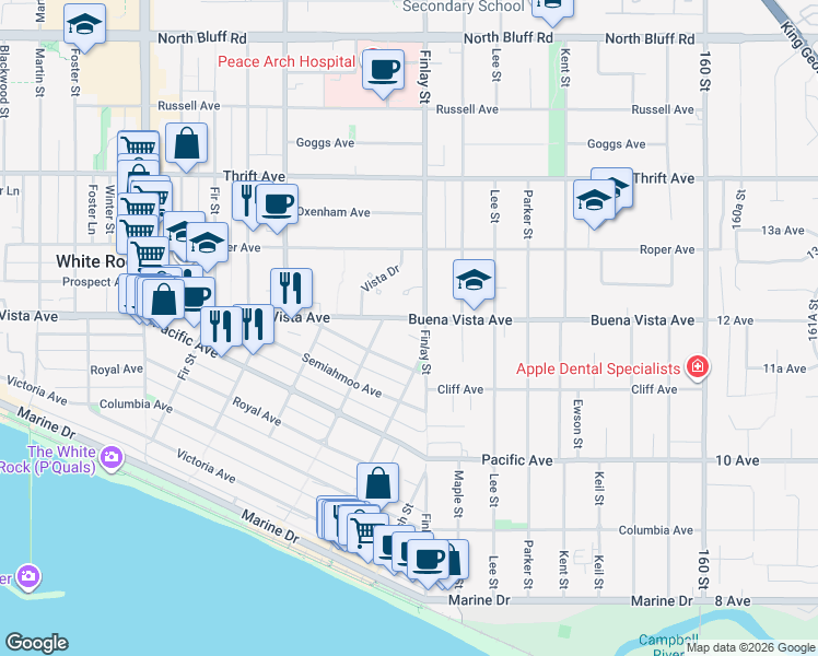 map of restaurants, bars, coffee shops, grocery stores, and more near 15576 Buena Vista Avenue in White Rock