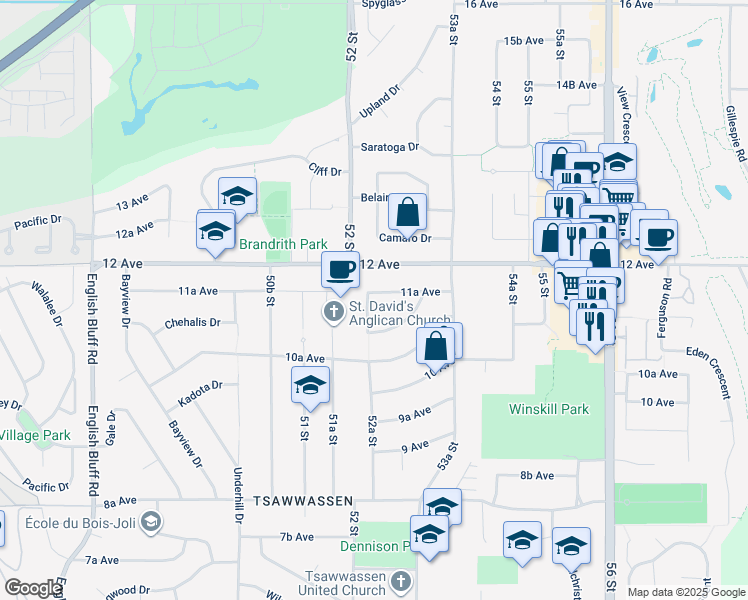 map of restaurants, bars, coffee shops, grocery stores, and more near 5236 11A Avenue in Delta