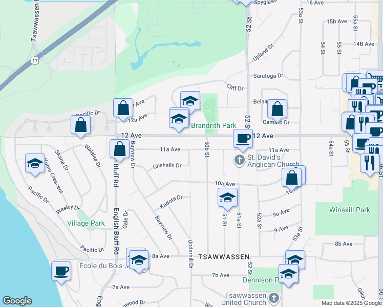 map of restaurants, bars, coffee shops, grocery stores, and more near 1146 50 Street in Delta