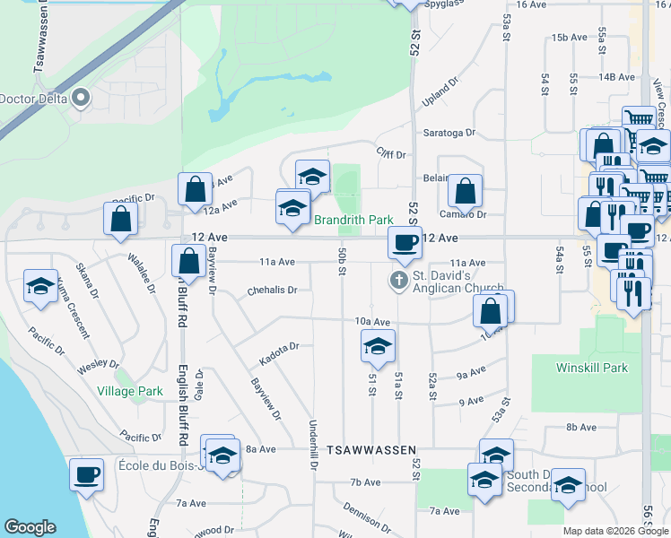map of restaurants, bars, coffee shops, grocery stores, and more near 1145 50B Street in Delta