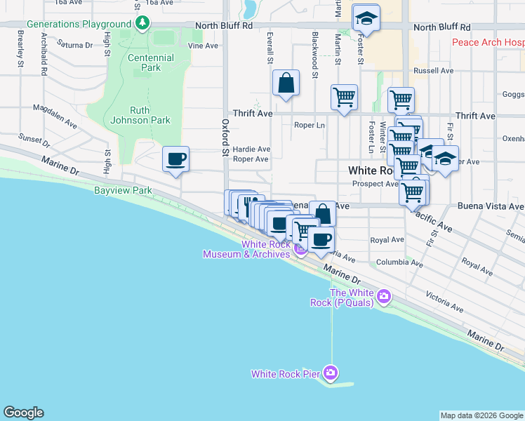map of restaurants, bars, coffee shops, grocery stores, and more near 14878 Buena Vista Avenue in White Rock