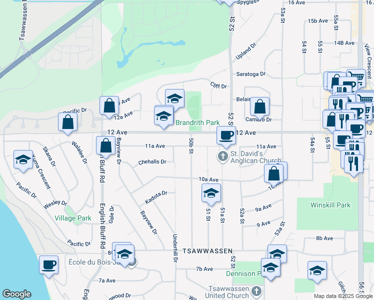 map of restaurants, bars, coffee shops, grocery stores, and more near 1145 50B Street in Delta