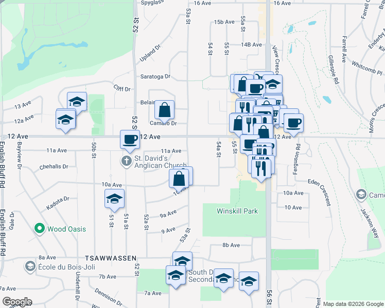 map of restaurants, bars, coffee shops, grocery stores, and more near 1110 53A Street in Delta