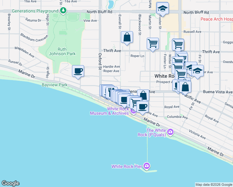 map of restaurants, bars, coffee shops, grocery stores, and more near 14878 Buena Vista Avenue in White Rock