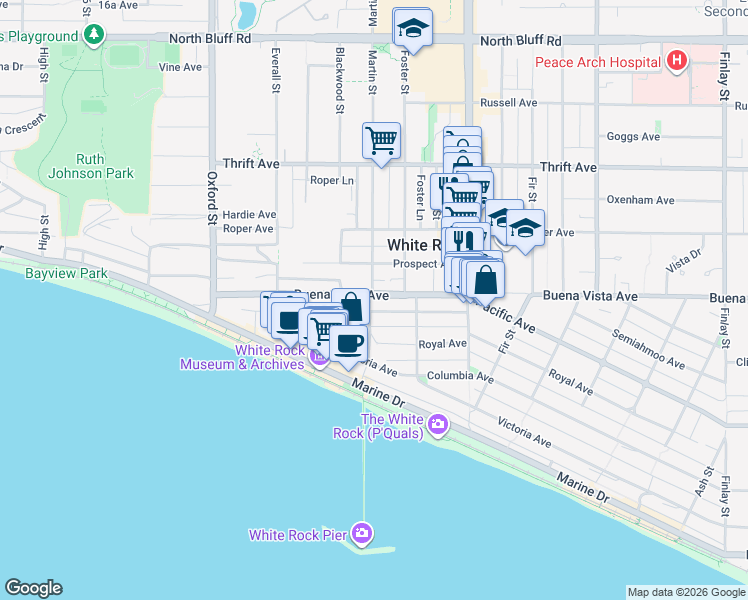 map of restaurants, bars, coffee shops, grocery stores, and more near 15046 Buena Vista Avenue in White Rock
