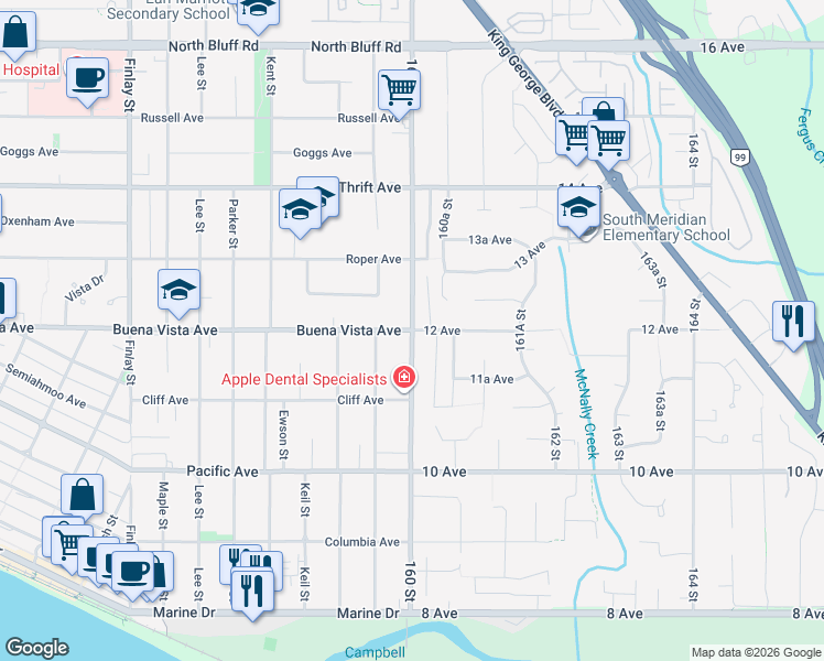 map of restaurants, bars, coffee shops, grocery stores, and more near Stayte Road in White Rock