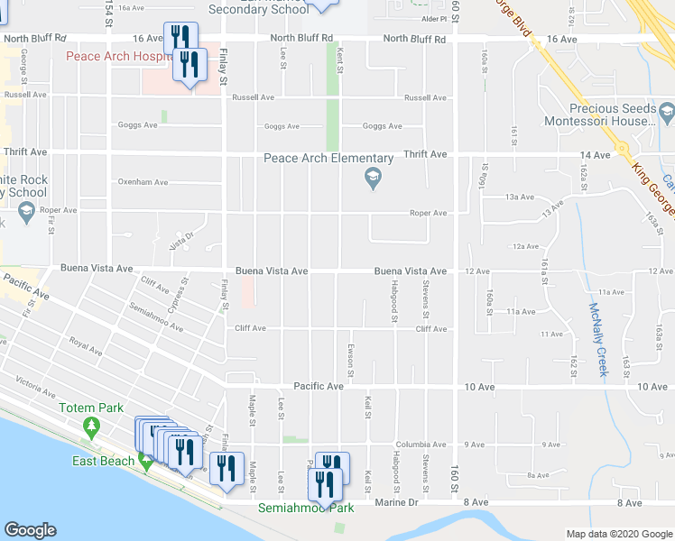 map of restaurants, bars, coffee shops, grocery stores, and more near Kent Street in White Rock