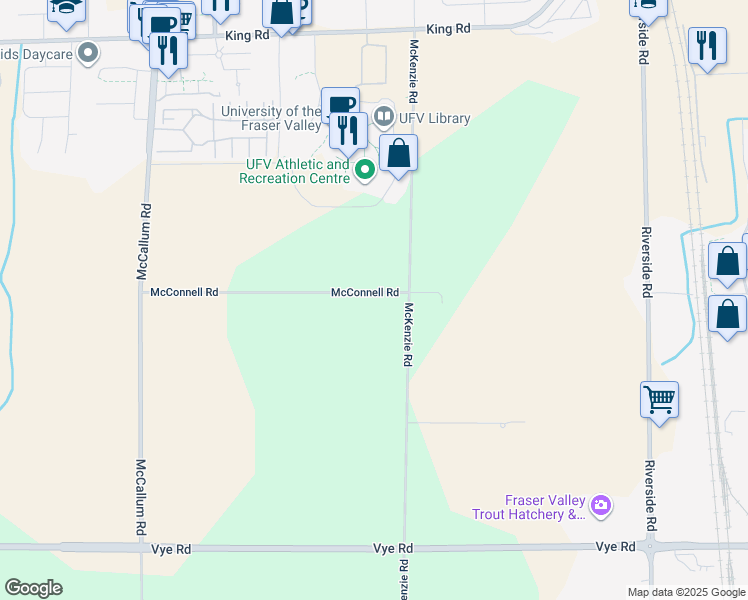 map of restaurants, bars, coffee shops, grocery stores, and more near 33930 McConnell Road in Abbotsford