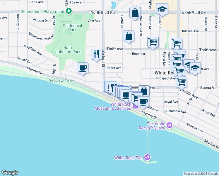 map of restaurants, bars, coffee shops, grocery stores, and more near 14820 Buena Vista Avenue in White Rock