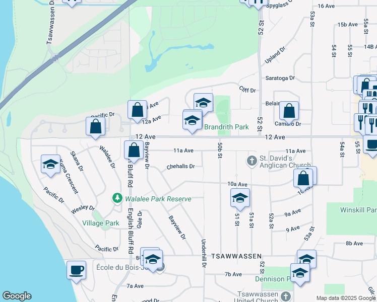 map of restaurants, bars, coffee shops, grocery stores, and more near 4980 11A Avenue in Delta
