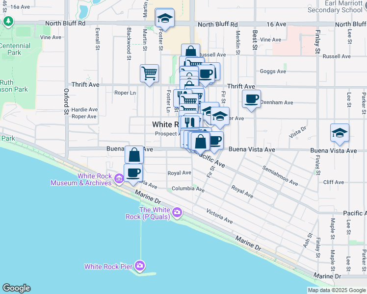 map of restaurants, bars, coffee shops, grocery stores, and more near 15169 Buena Vista Avenue in White Rock