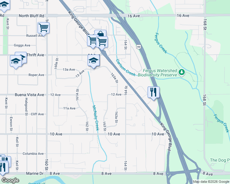map of restaurants, bars, coffee shops, grocery stores, and more near 16347 12 Avenue in Surrey