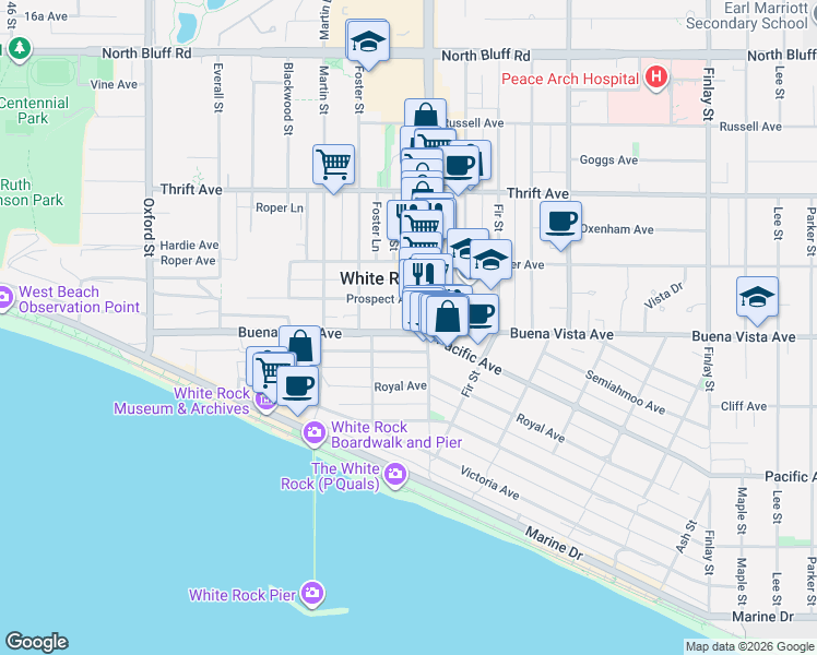 map of restaurants, bars, coffee shops, grocery stores, and more near 15169 Buena Vista Avenue in White Rock