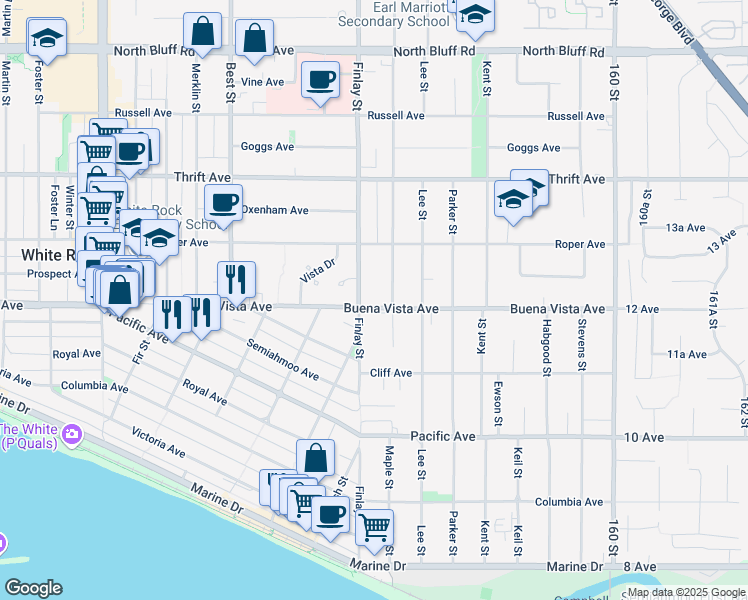 map of restaurants, bars, coffee shops, grocery stores, and more near 15627 Buena Vista Avenue in White Rock